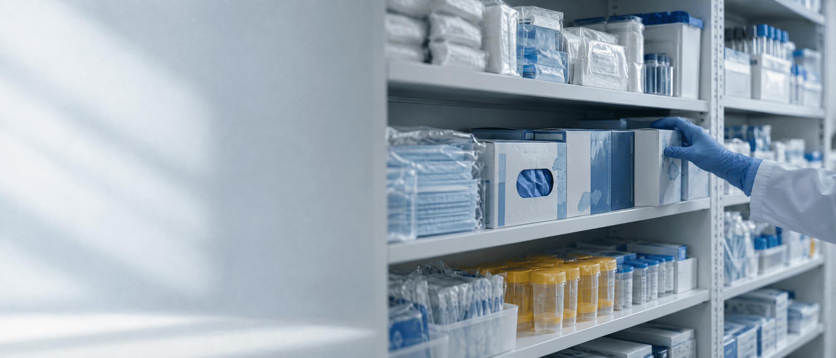 Gloved hand taking a box from shelves of medical and laboratory supplies